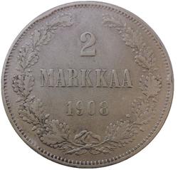 Монета 2 марки. 1908 год, Великое княжество Финляндское. Российская Империя.